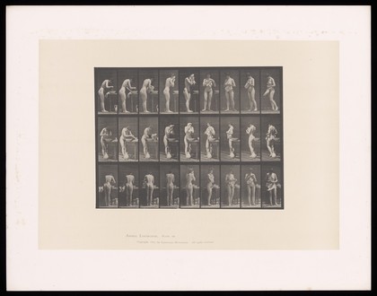 A naked woman washes and dries her face then turns. Collotype after Eadweard Muybridge, 1887.