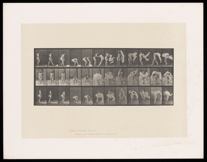 A clothed woman sitting on a chair puts on a shoe then stands up. Collotype after Eadweard Muybridge, 1887.