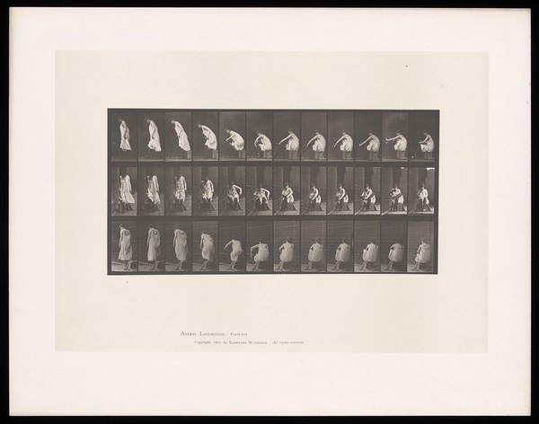 A clothed, sitting woman puts on boots then stands up. Collotype after Eadweard Muybridge, 1887.