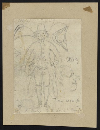 Portraits of Klotz and Johann Nepomuk Anton von Leuthner, and a caricature of a man. Drawing by P. von Hess, 1812.