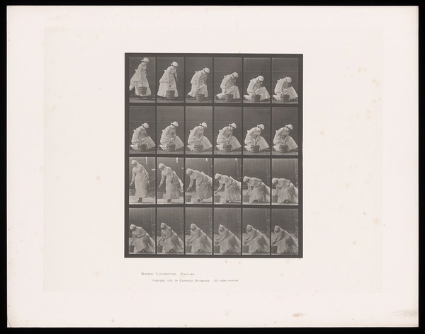 A clothed woman places a bucket on the ground and takes a cloth from it. Collotype after Eadweard Muybridge, 1887.