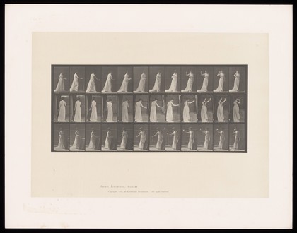 A clothed woman pours liquid from a glass then drinks from it. Collotype after Eadweard Muybridge, 1887.