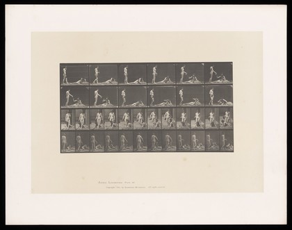 A naked woman stands, pouring water into a glass held by another who is lying down. Collotype after Eadweard Muybridge, 1887.