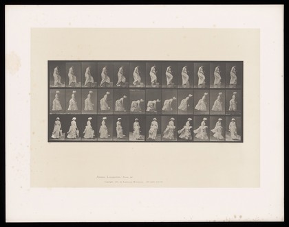 A clothed woman mounts steps, another picks up a handkerchief, a third walks then runs. Collotype after Eadweard Muybridge, 1887.