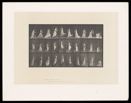 A clothed woman carries a vase of flowers up and down steps. Collotype after Eadweard Muybridge, 1887.