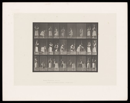 A clothed woman lifts a water jar and pours from it. Collotype after Eadweard Muybridge, 1887.