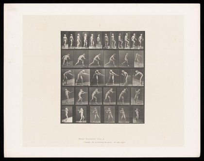 A naked man walks, throws a disk, shovels and uses a pick. Collotype after Eadweard Muybridge, 1887.