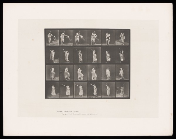 A clothed woman empties a bucket, walks up and down steps and plays tennis. Collotype after Eadweard Muybridge, 1887.