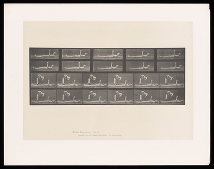 A naked man lying down with raised left arm and head. A clothed man taps his knee. Collotype after Eadweard Muybridge, 1887.