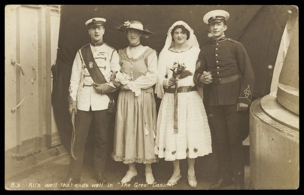 Four sailors performing in the play 'The Great Casimir'. Photographic postcard, 1918.