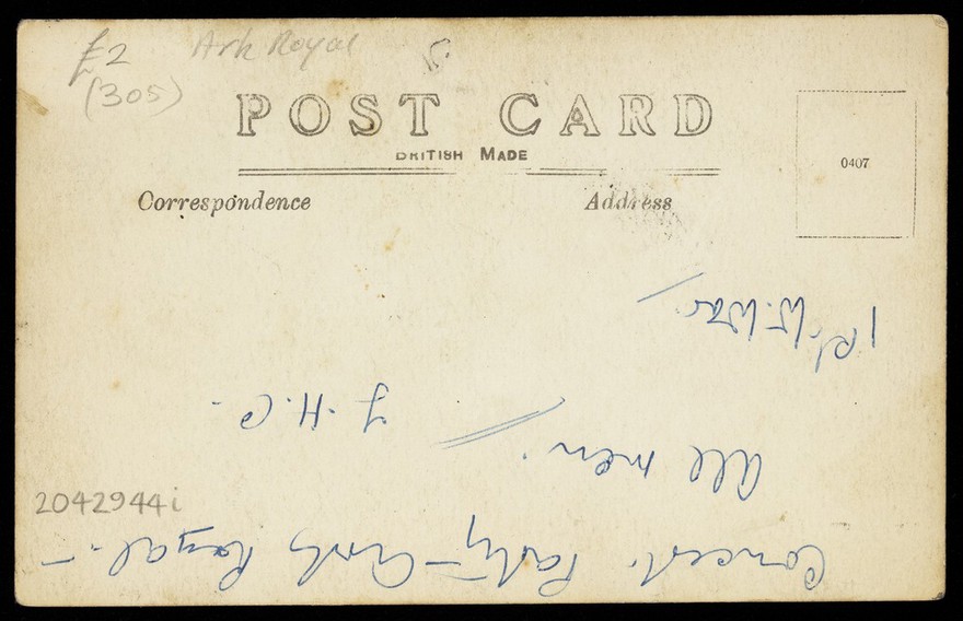 Eleven sailors performing in a play on the Ark Royal. Photographic postcard, 191-.