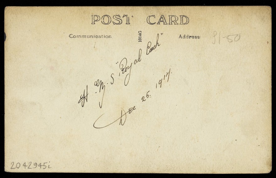 Three sailors with arms round each other. Photographic postcard, 1917.