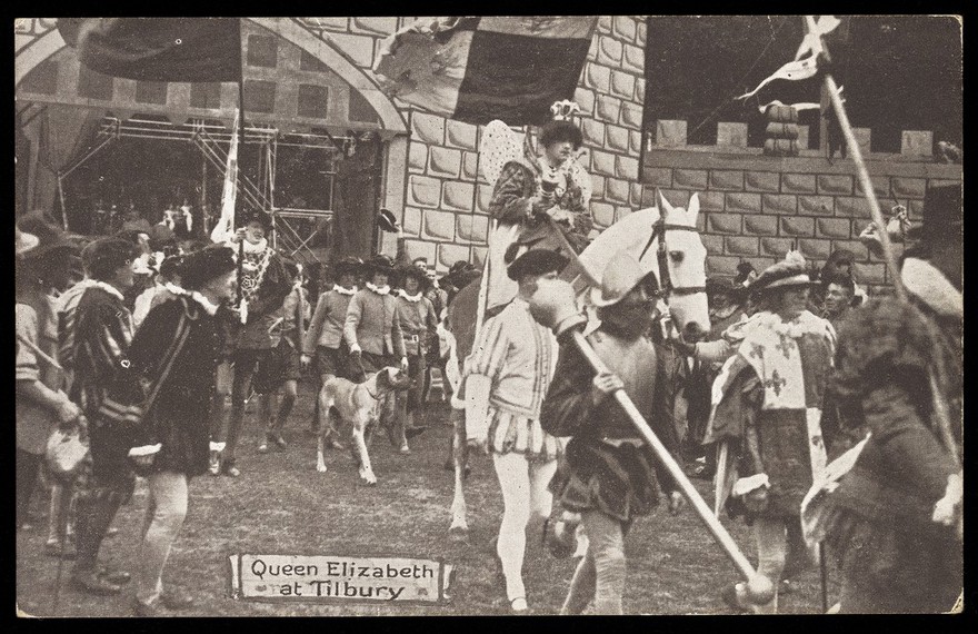 A re-enactment of the speech by Queen Elizabeth I at Tilbury before the Spanish Armada. Postcard, ca. 1929.