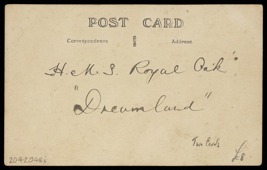 Seven men on stage set of "The seven acorns". Photographic postcard, 1918-1920.