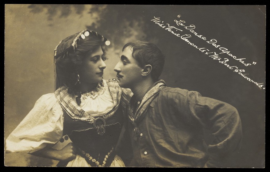 Venie Clements and Bert Edwards acting in "La danse des Apaches". Photographic postcard, ca. 1910.