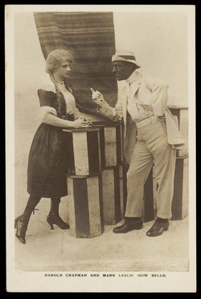 Harold Chapman and Mark Leslie performing a revue for the Bow Bells. Photographic postcard, 191-.