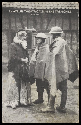 Members of a military concert party during World War I. Photographic postcard, ca. 1916.