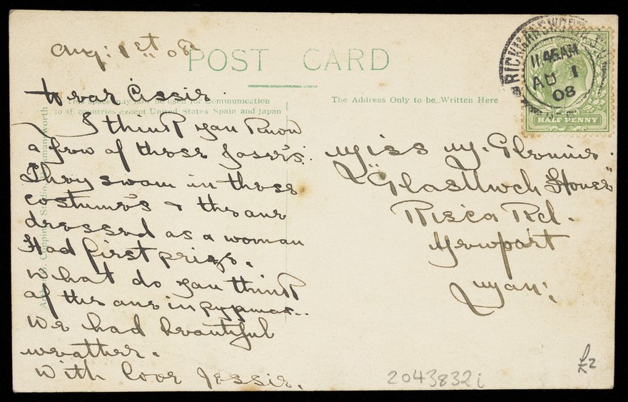 People at Rickmansworth, Herts., some in drag, gather outside at a swimmming gala. Photographic postcard, 1908.