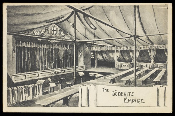 The "Döberitz Empire" stage and seating, at a prisoner of war camp in Döberitz, Germany. Process print, 1916.