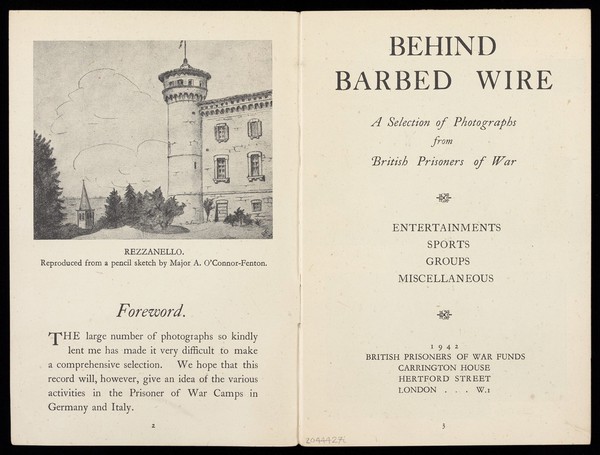 "Behind barbed wire : a photographic record of life in enemy prison camps". Printed booklet, 1942.
