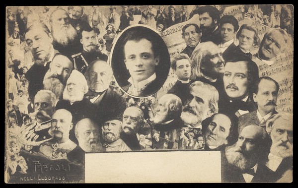 Leopoldo Fregoli in the centre inset portrait within a collage of other portraits of men.