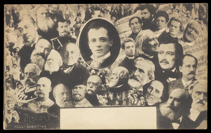 Leopoldo Fregoli in the centre inset portrait within a collage of other portraits of men.