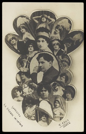 A quick-change performer known as "Lanzetta"; inset in many small portraits. Photographic postcard by F. Célis, 191-.