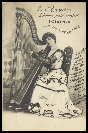 Louis Vernassier in drag poses with a harp. Process print, 1906.