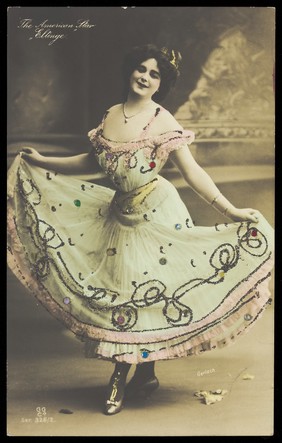 Julian Eltinge in drag. Coloured photographic postcard, ca. 1907.