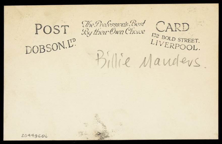 Billie Manders, in drag. Process print, 192-.