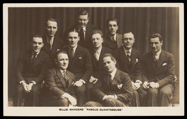 Billie Manders and members of the Quaintesques. Photographic postcard, 192-.