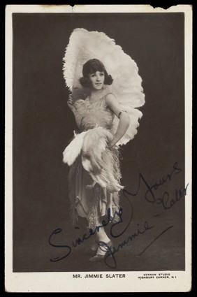 Jimmie Slater in drag. Photographic postcard, 192-.