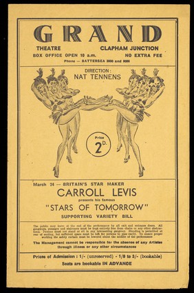 Grand theatre (Clapham Junction) flyer for "Stars of tomorrow"; produced by Carroll Levis. Letterpress and halftone, 1947.