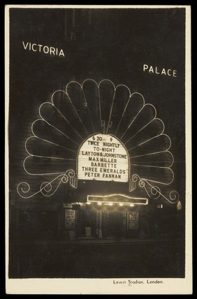 Victoria Palace theatre at night. Photographic postcard, ca. 1924.