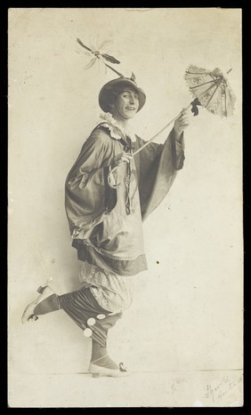Douglas Byng in drag as a pierrette. Photographic postcard, 1914-.