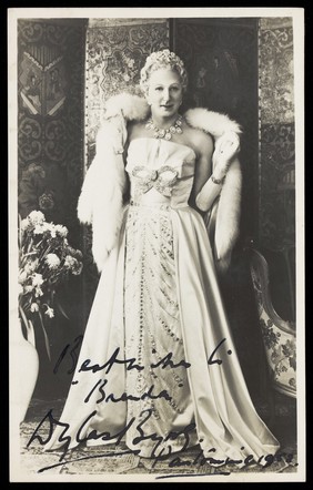 Douglas Byng in drag during a pantomime. Photograph, 1952.