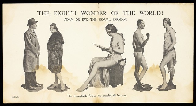 A person of both genders advertised as a spectacle. Letterpress and halftone, 192-.