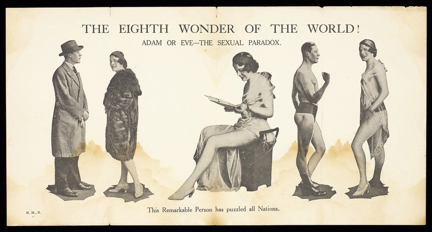 A person of both genders advertised as a spectacle. Letterpress and halftone, 192-.