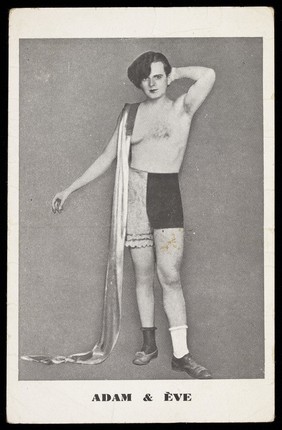 A figure posing in under-garments as "Adam & Eve". Process print, 192-.