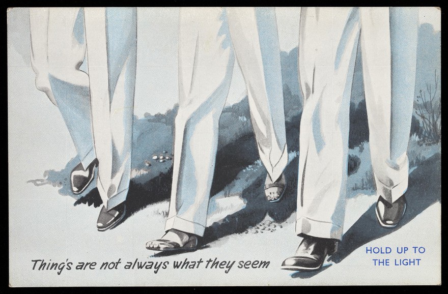 A shadowgraph of three men's legs in white trousers,showing female legs underneath the trousers. Process print, 195-.