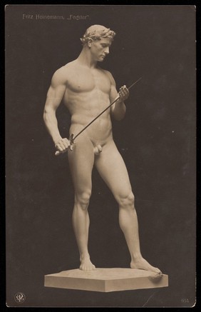 A sculpture of a warrior. Photographic postcard after F. Heinemann, 191-.