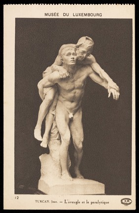 A blind man carrying a paralyzed man. Process print after Jean Turcan, 192-.