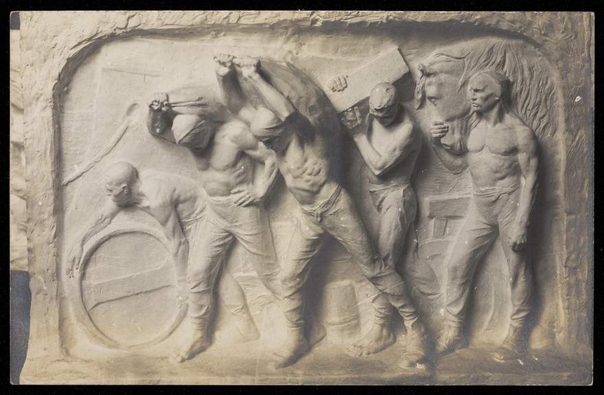Half-naked men carrying industrial supplies. Photograpic postcard after C. Meunier, 191-.