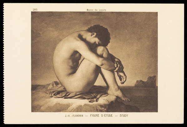 A boy, naked and sitting with his head bowed, resting on his knees. Process print after J. H. Flandrin, 193-.