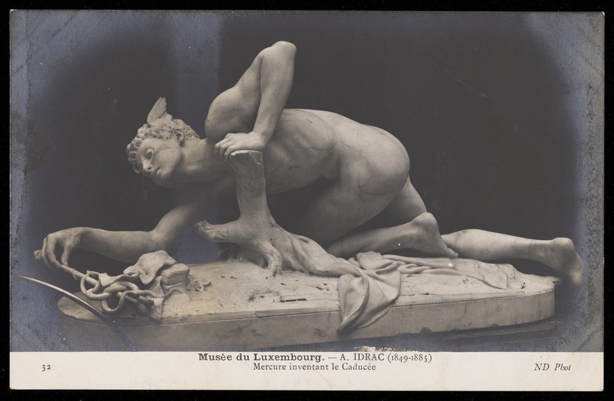 Mercury discovering the caduceus. Photographic postcard by Neurdein frères after A. Idrac, 191-.