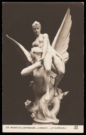 A boy flying in the arms of a siren. Photographic postcard after D. Puech, 191-.