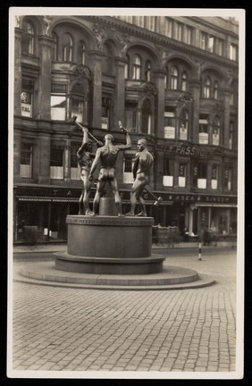 Three blacksmiths with hammers. Photographic postcard after F. Nylund, 195-.