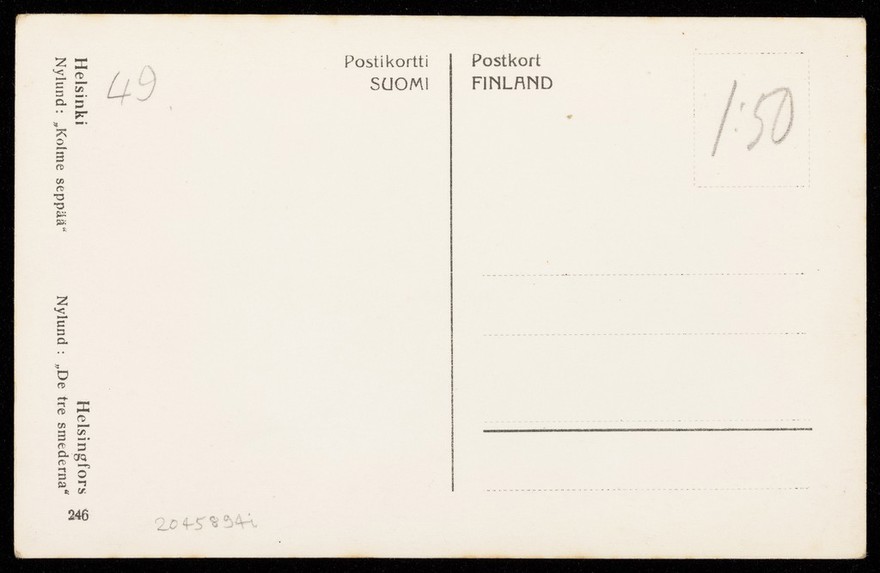 Three blacksmiths with hammers. Photographic postcard after F. Nylund, 195-.