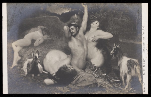 "Temptation": a naked man and women relaxing on hay with goats. Photographic postcard after Jan Styka, 190-.