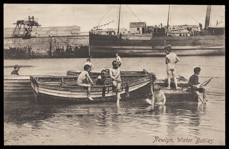 Boys swimming naked at Newlyn, Cornwall, 1893. Process print by F. Frith & Co., 190-.